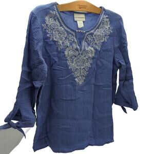 alfred dunner S Blue Embroidered Cotton Tunic Top